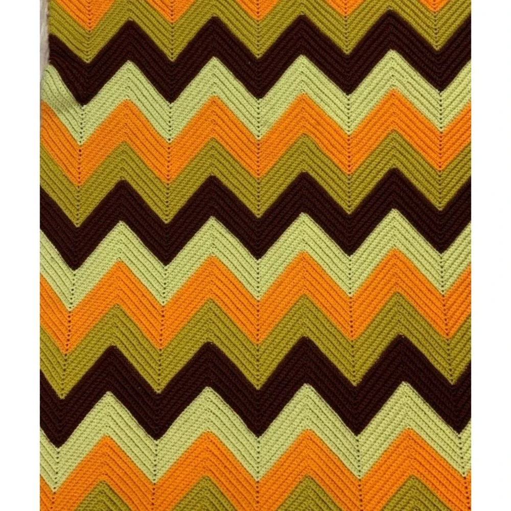 Vintage 70s Crochet Chevron Afghan Blanket Retro Orange Brown Boho Throw MCM